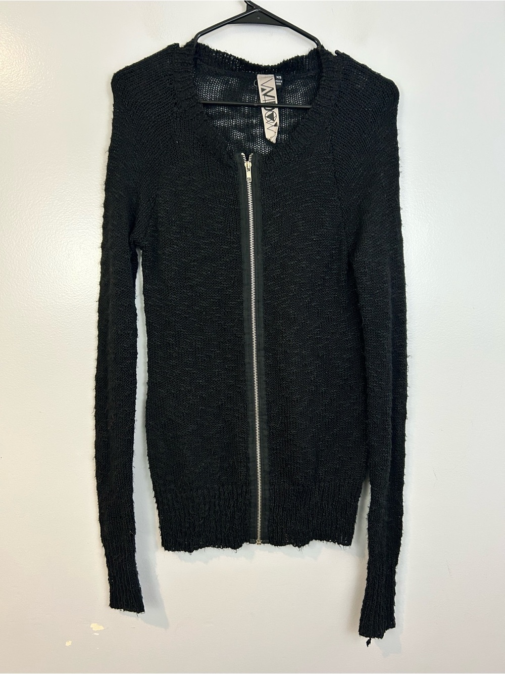 Widow Black Open Knit Long Sleeve Zipper Front Long Sweater Size XS Dollskill